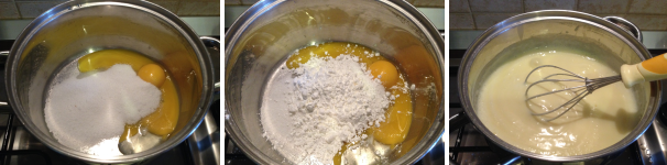 Per fare i cannoncini alla crema, per prima cosa dovete preparare la crema, mettete in un pentolino i tuorli delle uova, aggiungete lo zucchero, l’amido di mais e la bustina di vanillina. Mescolate tutti gli ingredienti con una frusta fino ad ottenere un composto omogeneo. Poi aggiungete gradatamente il latte, accendete il fornello e cuocete fino a che il composto non sarà denso e cremoso.