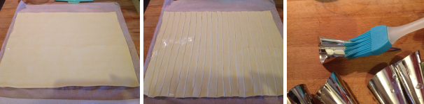 Distendete il foglio di pasta sfoglia, tagliate delle strisce spesse circa 1 centimetro. Spennellate i coni in metallo con dell’olio di oliva per non fare attaccare la pasta sfoglia.
 