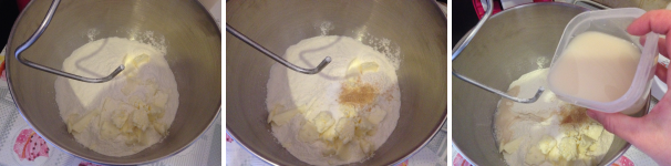 Per preparare il casatiello napoletano mettete nella planetaria la farina ed il burro tagliato a pezzi, aggiungere lo zucchero, il sale e il lievito di birra fresco, sciolto in 50 millilitri di acqua.