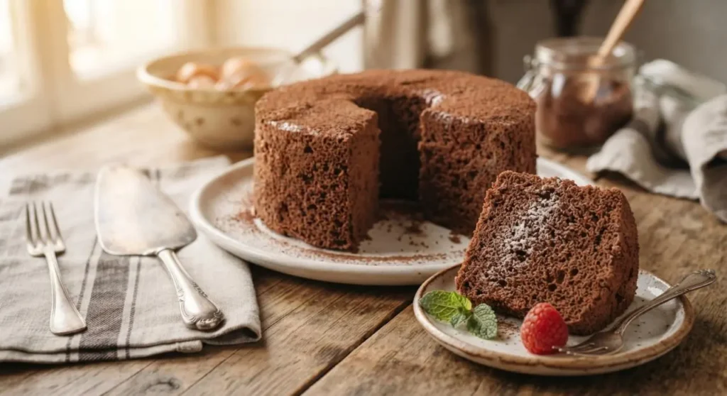 fetta di pan di spagna al cacao soffice Deliziosa fetta di pan di spagna al cacao sofficissimo servita su un piattino con lampone e menta