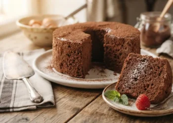 Deliziosa fetta di pan di spagna al cacao sofficissimo servita su un piattino con lampone e menta