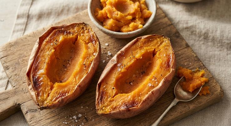 Unite le due metà della patata ed avvolgetela in un foglio di carta forno e quest’ultima in un foglio di allumino. Cuocete la patata al cartoccio in forno caldo a 200 gradi per una quarantina di minuti. Una volta cotta lasciatela intiepidire nell’involucro di cottura, dopo di che con un cucchiaio estraetene la polpa, lasciandole circa 3 millimetri intorno alla buccia ricavando una barchetta.