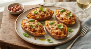 Patate dolci ripiene pronte da servire Piatto di patate dolci ripiene al forno con pancetta, formaggio filante e basilico fresco pronte da servire