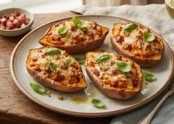 Piatto di patate dolci ripiene al forno con pancetta, formaggio filante e basilico fresco pronte da servire