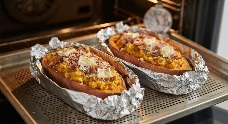 Sistemate le due mezze patate svuotate dentro dei cartocci di alluminio, così che si abbiamo un sostegno; farcitele con metà del brie rimato e poi con metà composto ognuna ed infornatele in forno caldo a 180 gradi statico per una ventina di minuti o comunque fino a che non si formerà una delicata crosticina in superficie. Trascorso il tempo di cottura, sfornatele e decoratele con il brie ed il bacon rimasti. Ripassatele nel forno spento ma ancora caldo così da far sciogliere il formaggio, dopo di che servitele.