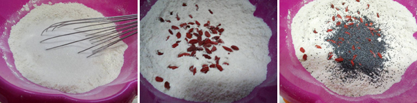 Per prima cosa mescolate la farina 00 setacciata, con lo zucchero, il lievito per dolci, le bacche di goji ed i semi di papavero.