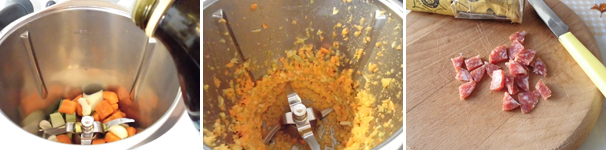 Dopo aver lavato carote e sedano, tagliateli a pezzi insieme alla cipolla. Aggiungete l’olio extravergine d’oliva e tritate per 5 secondi a velocità 7, spatolate e insaporite per 5 minuti a 120 gradi a velocità 1 (senza misurino). Intanto tagliate a pezzi piccoli 4 fettine di salame e tenetele da parte.
