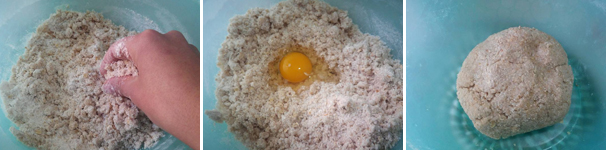Versate l’olio di semi di girasole e fatelo incorporare agli ingredienti secchi. Aggiungete poi l’uovo ed il latte ed impastate. Otterrete un impasto leggermente appiccicoso che farete riposare in frigorifero, avvolto da pellicola, per circa 1 ora.