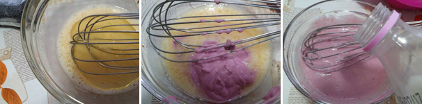 In un’altra ciotola sbattete l‘uovo ed aggiungete prima l’olio di semi di girasole a filo continuando a sbattere, poi lo yogurt ai frutti rossi ed il latte e mescolate per bene.