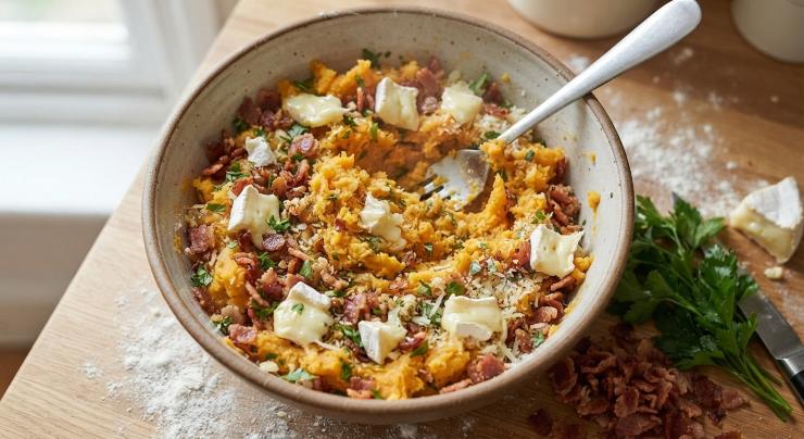 Schiacciate la polpa della patata con una forchetta ed unite 3 parti del bacon freddo e sbriciolato, il prezzemolo fresco tritato finemente, l’aglio liofilizzato, il parmigiano reggiano grattugiato ed infine un terzo del formaggio brie a pezzetti ed amalgamate tutti questi ingredienti insieme.