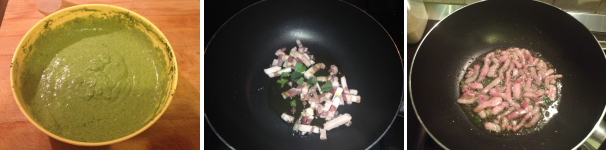 Dopo aver amalgamato bene gli ingredienti, lasciate riposare l’impasto e preparate il condimento. Mettete il guanciale con un il burro, aggiungete le foglie di salvia e fate soffriggere per 3 minuti.