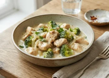 Piatto di spezzatino di pollo e broccoli cremoso pronto da gustare in tavola