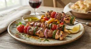 Spiedini misti pronti da gustare Spiedini misti di carne e verdure appena grigliati su un piatto di ceramica rustica