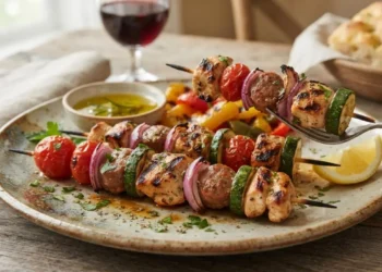 Spiedini misti di carne e verdure appena grigliati su un piatto di ceramica rustica