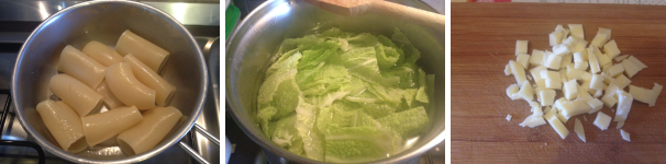 Una volta cotti, scolate i paccheri e rimetteteli nella pentola con un cucchiaio di olio extravergine di oliva. Lessate la verza per 10 minuti in abbondante acqua leggermente salata ed infine tagliate il formaggio a cubetti.