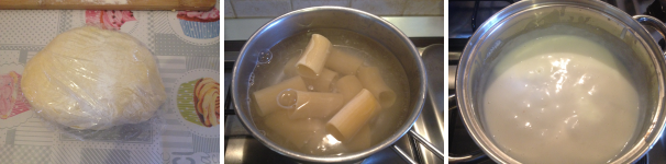 Impastate per qualche istante, estraete la palla che si si è formata, avvolgetela nella pellicola trasparente e lasciatela riposare in frigorifero 20 minuti. Intanto fate cuocere i paccheri nell’acqua salata e preparate la besciamella.