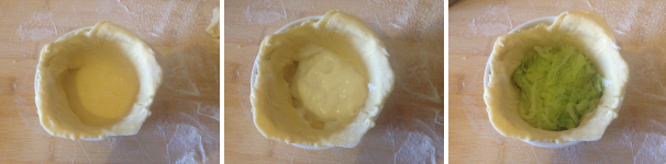 In uno stampino per timballo preparate il fondo con la pasta brisè, disponete la besciamella e uno strato di verza tagliata a pezzettini.