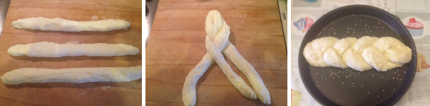 Fate tre filoni e formate una treccia, disponetela in una teglia, spennellatela con dell’olio extravergine di oliva e ricoprite la superficie con un cucchiaio di semi di sesamo. Lasciatela lievitare ancora per 30 minuti. Dopo aver cotto in forno statico per 25 minuti a 180 gradi, la vostra treccia di pane al sesamo è pronta per essere sfornata.