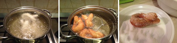 Friggete le zeppole in olio ben caldo per alcuni minuti, fino a che non avranno raggiunto un colore ambrato. Poi mettete in un piatto con dello zucchero semolato e cospargetele in entrambi i lati.