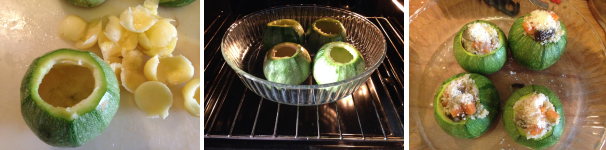 Lavate le zucchine tonde, tagliate la parte superiore e svuotatele del contenuto, poi infornatele 15 minuti a 180 gradi. Trascorso il tempo riempitele con il cous cous e le verdure, mettete sopra il Parmigiano ed infornate ancora 5 minuti. Trascorso il tempo, lasciate riposare qualche istante e le vostre zucchine tonde ripiene di cous cous con verdure sono pronte da servire.