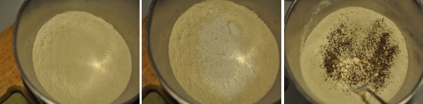 In una ciotola capiente unite gli ingredienti secchi: la farina, il lievito, il grana padano, il sale e il pepe. Con una forchetta mescolate così da amalgamare insieme tutti gli ingredienti. Intanto accendete il forno a 180 gradi.