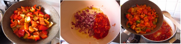 Scaldate l’olio nella padella, aggiungete l’aglio tagliato finemente e soffriggete. In un’altra pentola riscaldate l’olio e soffriggete la cipolla tagliata grossolanamente. Aggiungete i pomodori tagliati finemente.Mescolate tutto e cuocete per un paio di minuti. Aggiungete i peperoni.