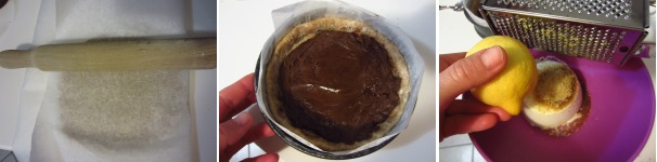 Stendete la frolla aiutandovi con della carta da forno, dandole una forma rotonda e uno spessore di circa mezzo centimetro. Rivestite la teglia con la carta da forno e fate aderire la frolla ai bordi. Versate la crema di nocciole dentro e livellate. Preparate la crema di ricotta. Unite la ricotta con 25 grammi di zucchero e la scorza di limone. Frullate.