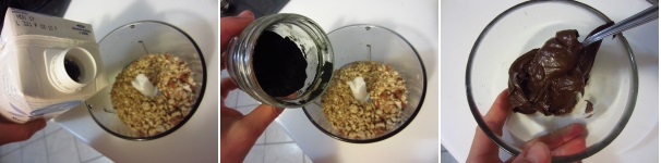 Aggiungete l’olio, il latte e le nocciole. Unite anche il cacao. Accendete il tritatutto e lavorate fin quando le nocciole non rilasciano l’olio. Dovete ottenere una consistenza cremosa.