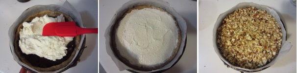 Disponete la crema di ricotta sopra la crostata e livellate bene. Tritate grossolanamente le nocciole rimaste e coprite completamente la crostata. Infornate a 175 gradi per circa 45 miuti. Fate raffreddare e mettete in frigorifero per un paio di ore.