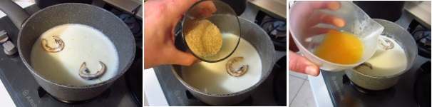 Quando il latte inizierà scaldarsi aggiungete lo zucchero e mescolate fino allo scioglimento completo. Portate il latte ad ebollizione e spegnete subito. Aggiungete il succo filtrato, la scorza grattugiata e la colla di pesce strizzata bene.