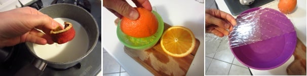 Versate la panna in una pentola, aggiungete le scorze di arancia non trattata ed accendete il fuoco. Lavate un’arancia e spremete il succo. Filtratelo. Mettete la colla di pesce in ammollo in acqua fredda.