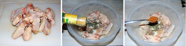 Dividete le alette di pollo in tre pezzi, seguendo il taglio naturale delle articolazioni del pollo. Eliminate la punta dell’ala e ponete le altre due parti in una ciotola. Lavate ed asciugate il rosmarino, eliminate la parte legnosa centrale e tritate molto finemente tutti gli aghi che unirete al pollo. Continuate e aggiungete i tre quarti dell’aglio liofilizzato e 2 cucchiaini di paprika affumicata.