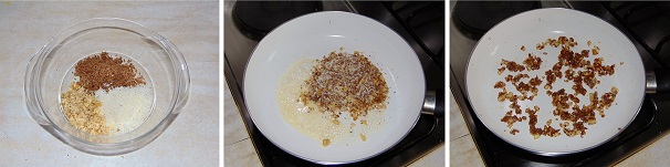 In una ciotola versate il pane di segale finemente sbriciolato, un quarto del grana padano grattugiato e le noci tritate e mescolate tutti gli ingredienti. Versate il burro in una padella e fatelo scaldare, unite il mix precedentemente realizzato e mescolate in modo da non farlo bruciare, non appena si saranno formate delle piccole briciole croccanti, spegnete subito il fuoco e sgranate con una forchetta.