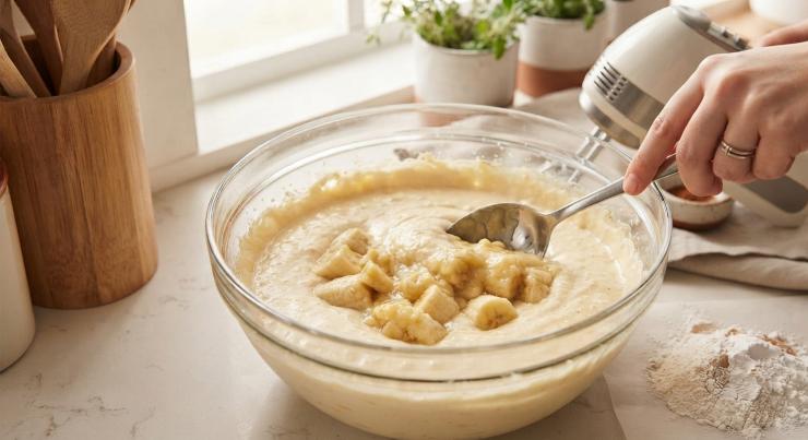 Sbucciate le banane e schiacciatele con una forchetta. Aggiungete la polpa all’impasto e sbattete nuovamente con le fruste elettriche. Unite la farina e il lievito.