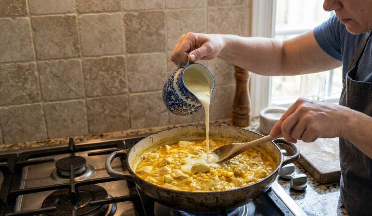 Una volta che il pollo sarà oramai cotto ed il mais si sarà bene insaporito, spegnete il fuoco ed aggiungete la panna da cucina, saltate velocemente il tutto con qualche cucchiaio di latte e servite tutto ben caldo.