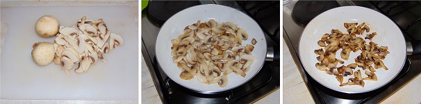 Pulite gli champignon da tutte le impurità, affettateli grossolanamente e rosolateli in un tegame con un filo di olio extravergine di oliva ed un pizzico di sale a fiamma sostenuta, mescolandoli spesso.