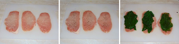 Su di un tagliere disponete le fettine di lonza di maiale e battetele leggermente, subito dopo conditele con una macinata di pepe fresco. Adagiate su ogni fettina di carne due foglie di spinaci accuratamente scolate ed asciugate.