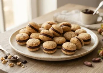 Piatto con baci di dama artigianali ripieni di cioccolato fondente disposti su un tavolo di legno