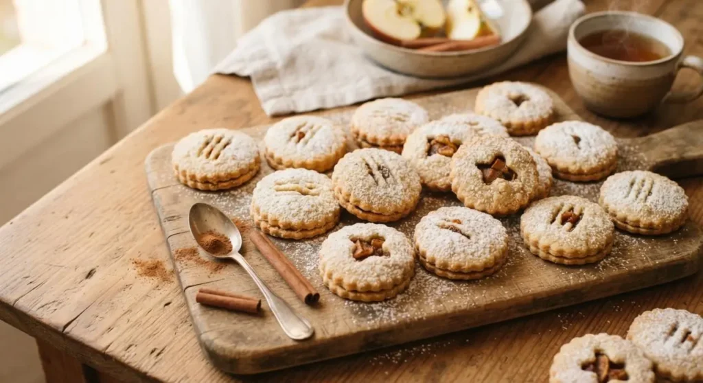 Biscotti con cuore di mele pronti Vassoio di legno rustico con biscotti ripieni di mele freschi e spolverati di zucchero a velo, accompagnati da una tazza di tè
