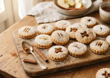Vassoio di legno rustico con biscotti ripieni di mele freschi e spolverati di zucchero a velo, accompagnati da una tazza di tè