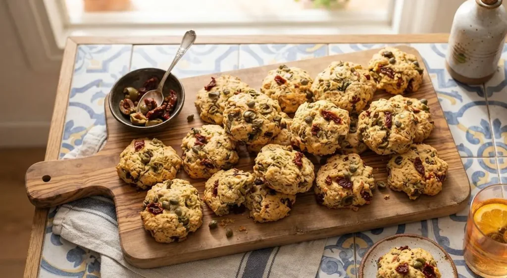 Biscotti salati rustici fatti in casa per aperitivo Vassoio di legno con biscotti salati rustici con olive, capperi e pomodori secchi pronti per l'aperitivo