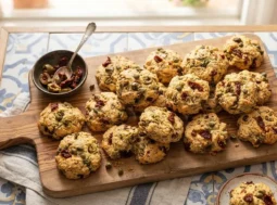 Vassoio di legno con biscotti salati rustici con olive, capperi e pomodori secchi pronti per l'aperitivo