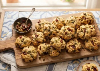 Vassoio di legno con biscotti salati rustici con olive, capperi e pomodori secchi pronti per l'aperitivo