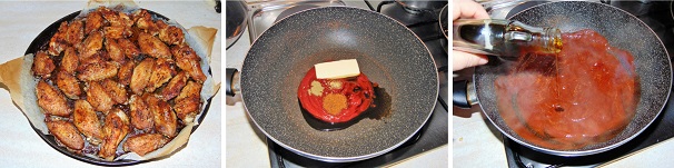 Rigirate le ali di pollo su loro stesse fino a che non saranno cotte, ed una volta pronte lasciatele in caldo dentro il forno spento e procedete alla realizzazione della salsa che le glasserà. In una padella profonda, versate il ketchup insieme al burro, un pizzico di aglio liofilizzato ed infine anche la paprika affumicata ed il cumino in polvere avanzati in precedenza, poi terminate con la salsa worcestershire. A fiamma moderata fate sciogliere il burro ed amalgamare gli ingredienti, poi unite anche lo sciroppo d’acero.