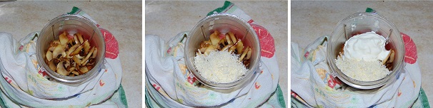 Versate i funghi cotti ne bicchiere del frullatore, unite anche la restante parte di grana padano grattugiato e la panna da cucina.