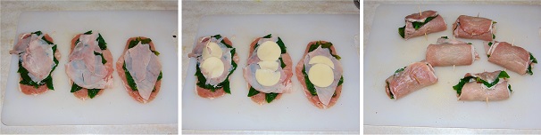 Continuate con la farcitura degli involtini aggiungendo sopra le foglie di spinaci freschi il prosciutto cotto e le fette di formaggio filante. Avvolgete su loro stesse le fettine di carne farcite e formate così gli involtini. Fermate ogni involtino con uno stecchino di legno, così che non si aprano in cottura.