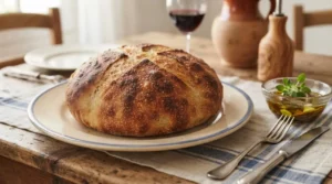 Pagnotta di pane rustico casereccio appena sfornato, pronto per essere condito per la ricetta della cialetta tradizionale.