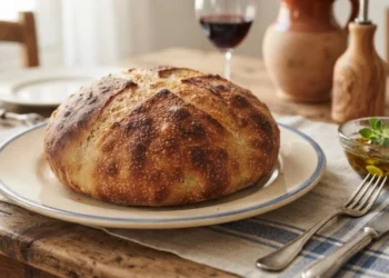 Pagnotta di pane rustico casereccio appena sfornato, pronto per essere condito per la ricetta della cialetta tradizionale.