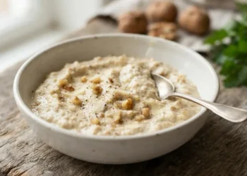 Ciotola rustica in ceramica riempita di pesto cremoso di noci e ricotta, guarnito con granella di noci e pepe nero, pronto per essere utilizzato.