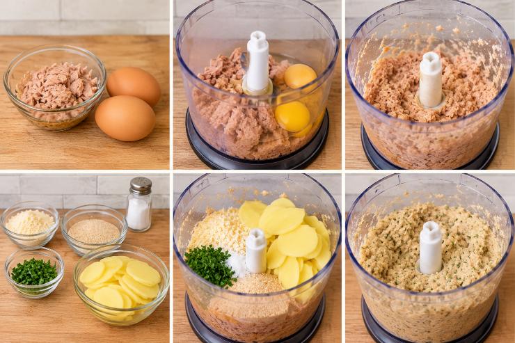 Mettete in un frullatore il tonno sottolio e le uova, poi tritate tutto per qualche istante. Di seguito aggiungete il Parmigiano ed il pane grattugiato. Dopo aver tritato, aggiungete il sale, il prezzemolo e le patate tagliate a fette. Poi tritate di nuovo bene per qualche minuto.